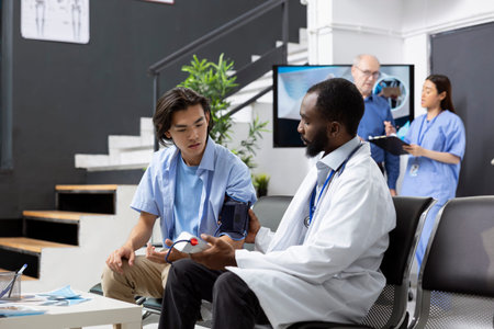 Male medical staff member prepares sphygmomanometer while asian man sits calmly during regular...
