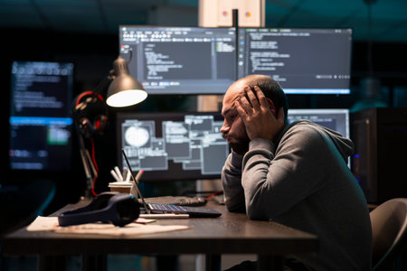 Frustrated software engineer leans forward, holding face in exhaustion and reviewing errors. Tired...