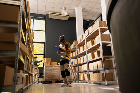 Energetic jolly black man showing a groovy dance and checking parcels in depot, enjoying daily...