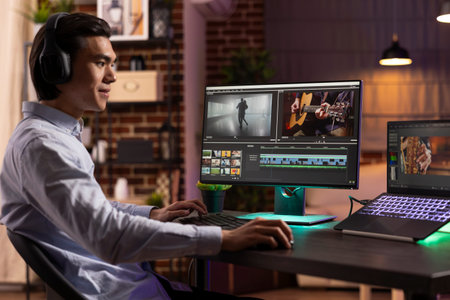 Videographer edits cinematic video at home, exploring color grading and visual effects using modern...
