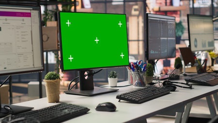 Isolated screen computer displays in customer support workplace, panning shot. Chroma key PC...
