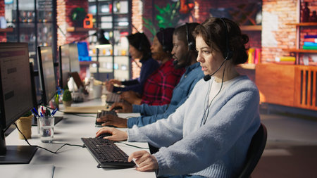 Customer support workplace coworkers managing incoming and outgoing calls. Teamworking call center...