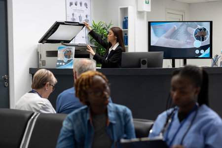 Hospital female secretary operating photocopier at front desk as diverse patients and medical staff...