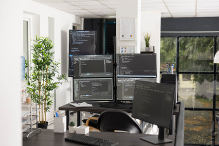 Computer screens display compiling HTML code and data parsing algorithms in empty startup office,...