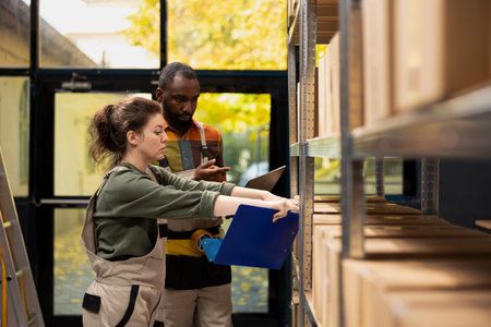 Focused staff members managing inventory and product handling in a small scale depot, preparing...