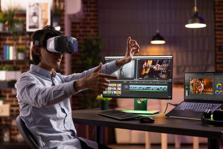 Asian freelancer uses VR headset and editing software to create cinematic montage for film...