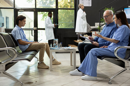 Female nurse assists senior patient with paperwork, explaining important information. Healthcare...