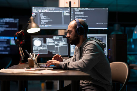 Caucasian software developer works intently on laptop, wearing headphones as monitors glow with...