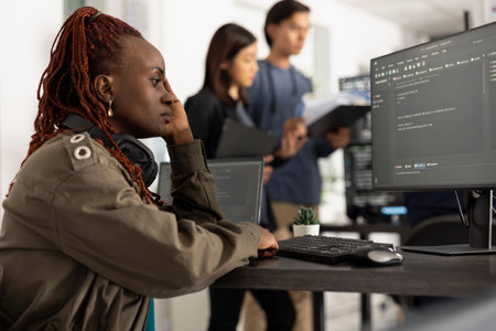 Female developer takes moment to reflect while debugging software code at computer. Programmer shows...