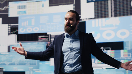 Public speaker CEO hosting business presentation to share a vision, discuss about new growth...