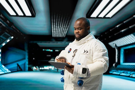 Cosmonaut in starship navigating orbital trajectory using tablet, doing galaxy expedition for future...