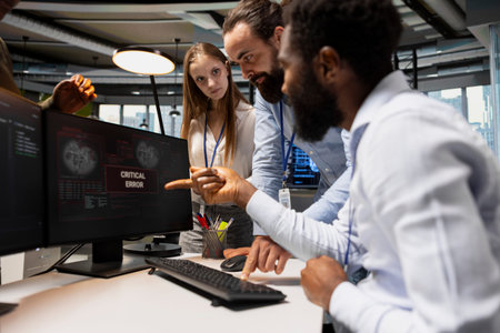 Team of engineers in office surprised by critical error warning popup, struggling to fix it....