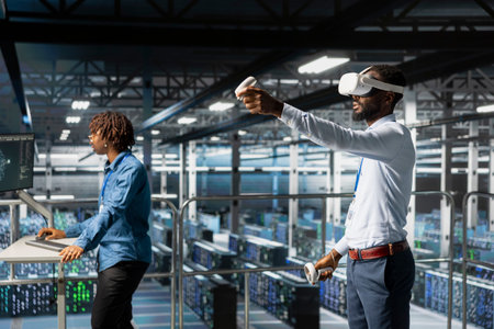 Data center admin using VR glasses to monitor neural network AI systems. Server hub specialist using...