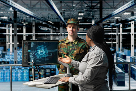 Army tech expert in data center presenting tactical options to commander based on predictive AI...