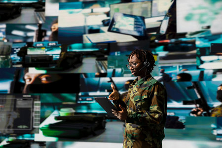 Armed forces operator manages battlefield communication networks from command hub using tablet....