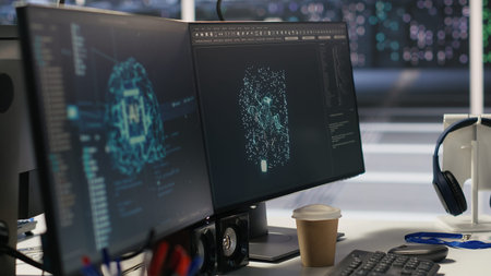 Data center PCs showing neural network visualization and code debugging tools running. Computer...