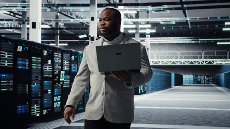 Data center system administrator tasked with reviewing code for AI automation scripts. African...
