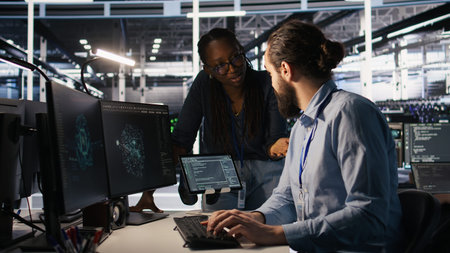 Teamworking system administrators in data center integrating AI automation during maintenance...