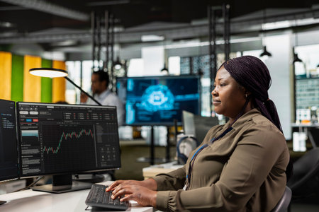 AI startup CTO launching company on stock exchange, looking at graphs, generating high profits....