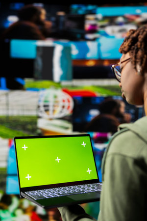 Close up of woman engaging with multimedia content on isolated screen laptop, showcasing power of...