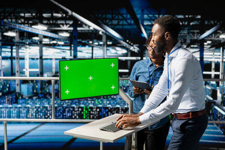 Data center engineers on industrial platform using isolated screen on pc, collaborating on software...