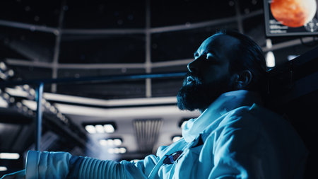 Man feeling emotional toll in deep space inside silent orbital station. Bored astronaut stares...