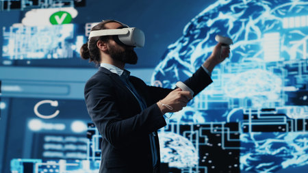 Business IT expert employing vr glasses and artificial intelligence brain, working on data...