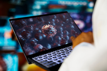 Close up of biomedical engineer studying pathogens using laptop to design antiviral strategies....