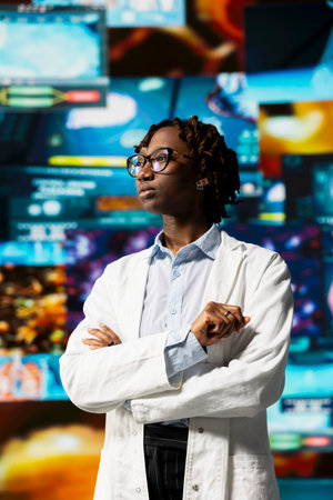 Professional doctor surrounded by holographic medical data charts visualizations. Biomedical...