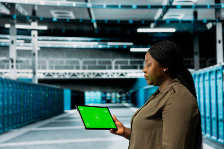 Data center technician conducts tests on hardware using isolated screen tablet to fix bugs. Server...