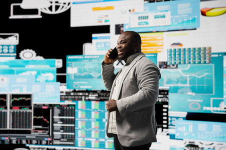 African american entrepreneur chatting on the phone call with a new vision for business development,...