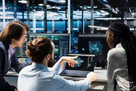 Team of programmers doing brainstorming in data center, optimizing equipment for AI tasks,...
