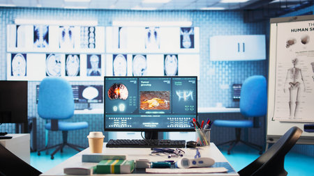 Empty medical office equipped with diagnostic tools and monitor set for healthcare consultations and...