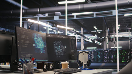 Monitors displaying status of data center hardware supporting AI training workflows and automated...