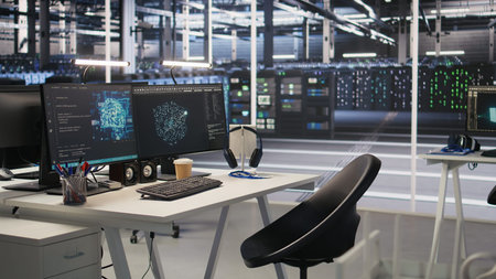 Data center workstation equipped with machine learning software visualizing deep learning models....