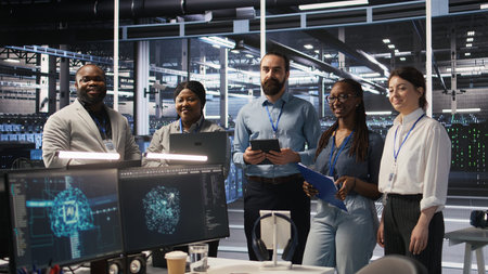 Happy data center engineering team members collaborating on neural network software development....