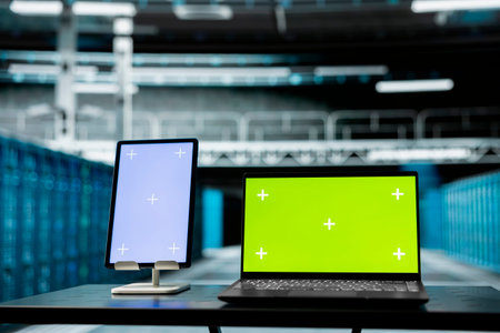 Close up of isolated screen laptop and tablet in high tech data center used to troubleshoot...