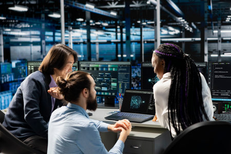 Team of engineers in data center doing brainstorming, troubleshooting server connectivity issues...