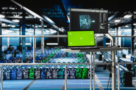Isolated screen laptop with industrial data center control station monitor showing AI visualization....