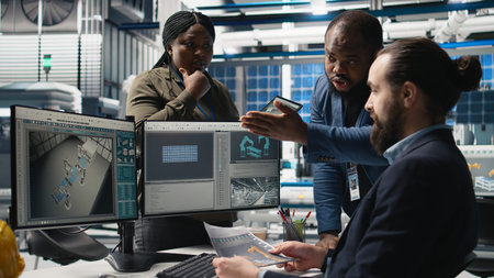 Diverse coworkers group in the factory handles solar power production line, showing teamwork in...
