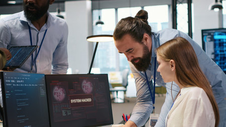 Young inexperienced developer in office requests help from team to fix hacking attempt on corporate...