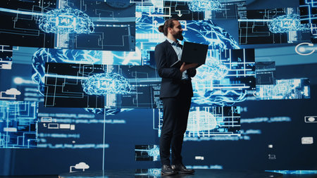 Engineer studying AI brain for data structures and predictive analytics, highlighting smart...