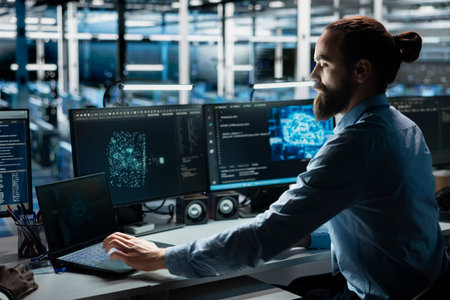 Data center system administrator running simulations for AI driven forecasting, tracking...