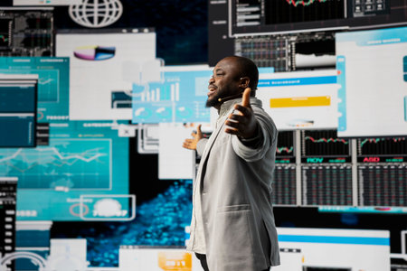 Black entrepreneur CEO speaking at a professional fintech convention, doing a business pitch on...