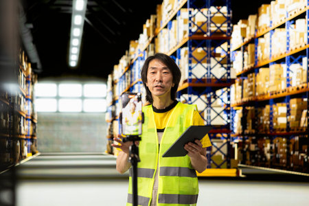 Asian worker promoting the large business industrial warehouse on a vlog, live streaming a video for...