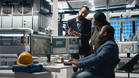 Multiethnic team of experts collaborating in a solar panel power plant, reviewing blueprints and...