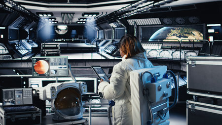 Female astronaut performing routine maintenance in starship exploring deep space, travelling to...