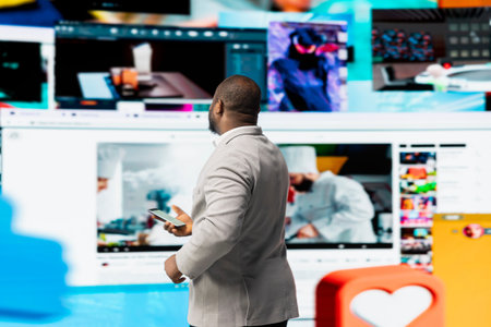 Viewer uses phone surrounded by videos representing interactive engagement concept in modern digital...