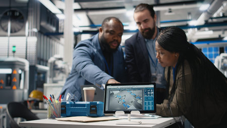 Black engineering specialists reviewing operational workflows in solar power manufacturing plant....