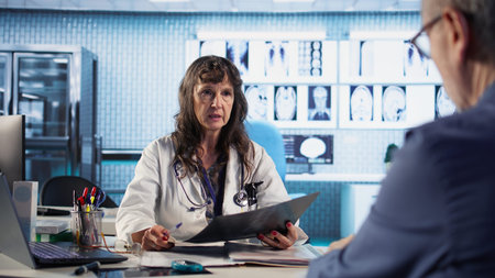 Senior medic gives man patient the bad news of a disease diagnostics, medical consultation with x...